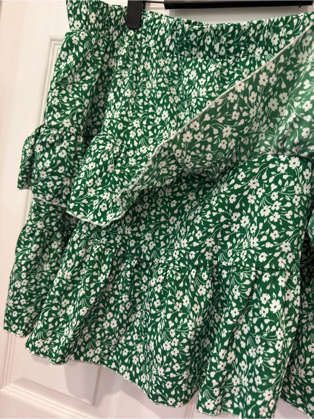 Green and White Ditsy Floral Print Tiered Layered Ruffle Effect Skirt